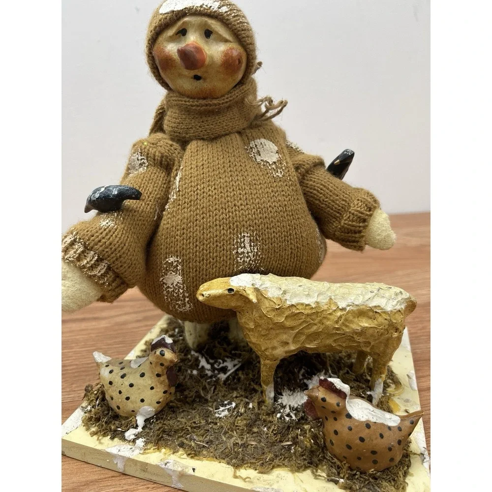 Folk Art Mixed Media Snowman with Farm Animal Friends Sheep Chickens Birds